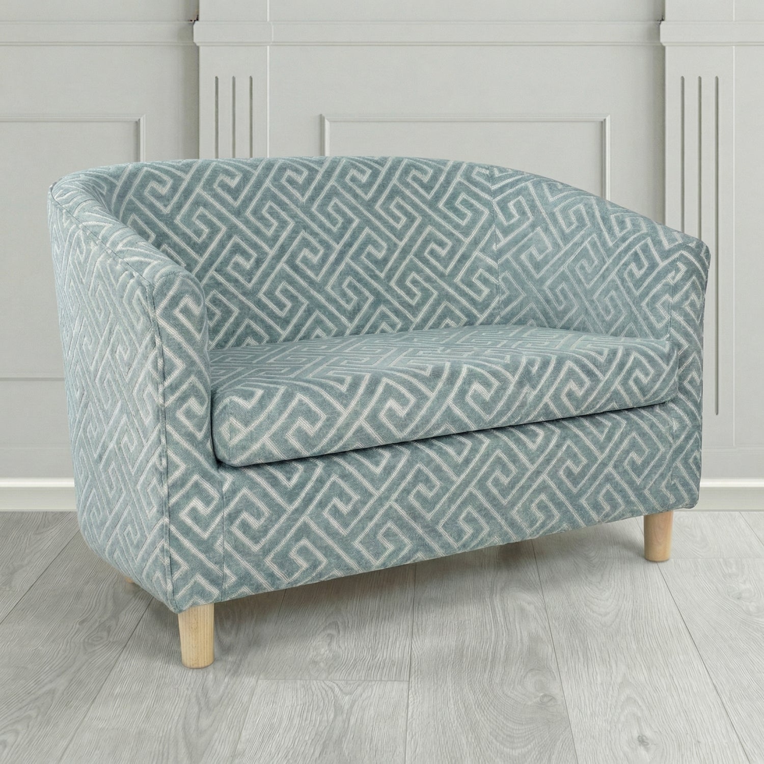 Tuscany 2 Seater Tub Sofa in Cristina Marrone Extravaganza Greek Key Geometric Fabric