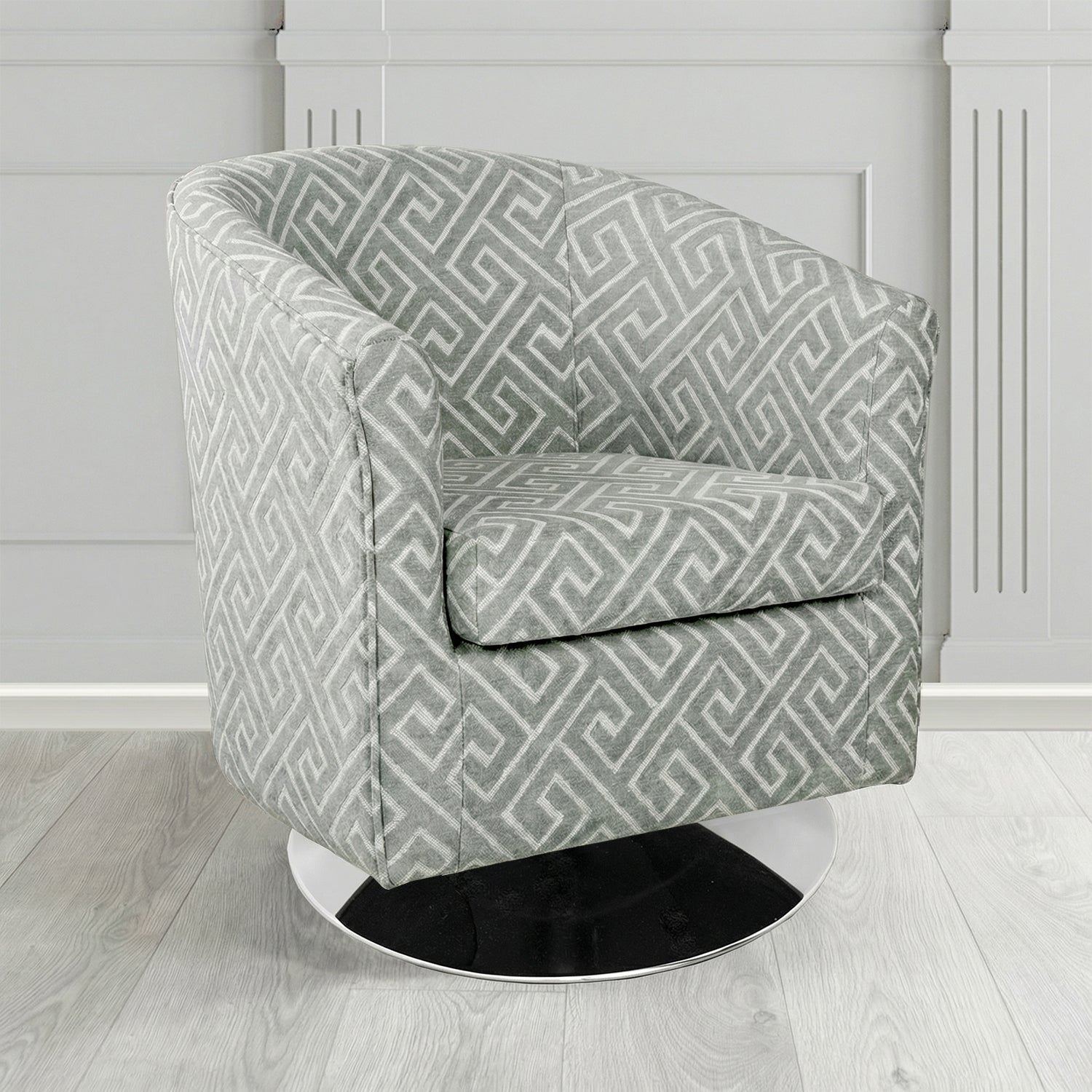 Tuscany Swivel Tub Chair in Cristina Marrone Extravaganza Greek Key Geometric Fabric
