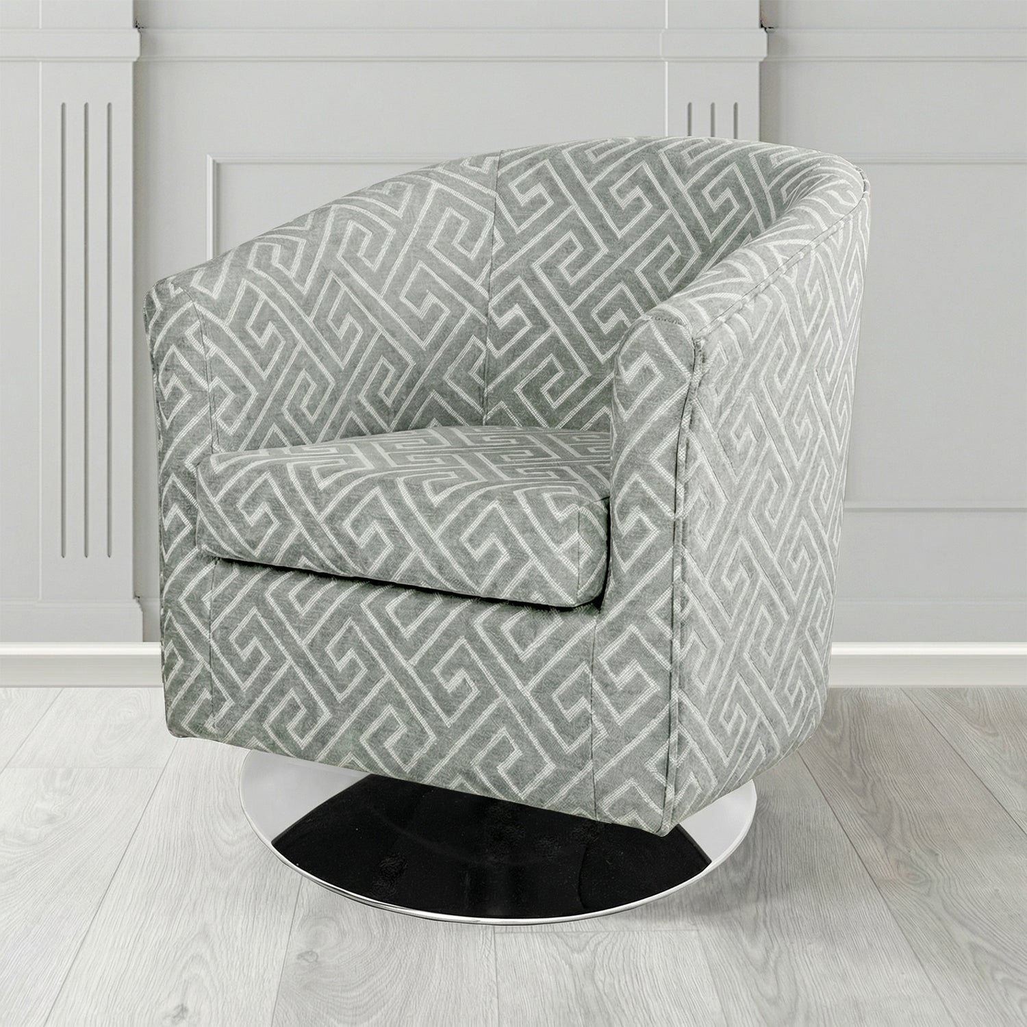 Tuscany Swivel Tub Chair in Cristina Marrone Extravaganza Greek Key Geometric Fabric