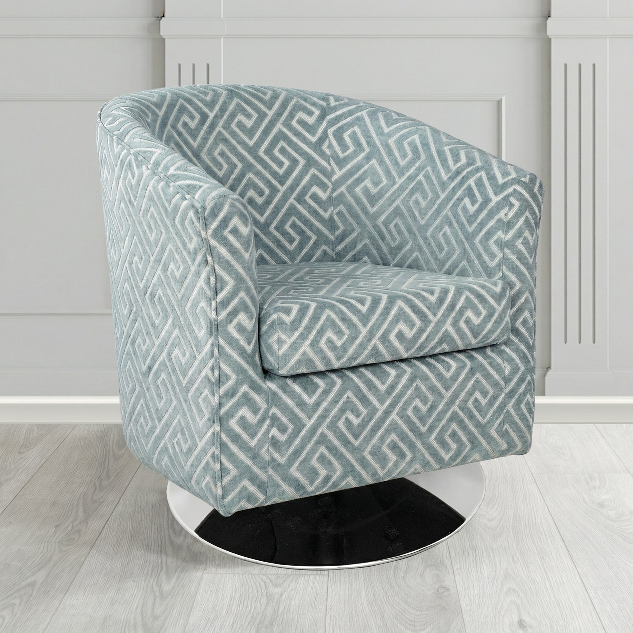 Tuscany Swivel Tub Chair in Cristina Marrone Extravaganza Greek Key Geometric Fabric