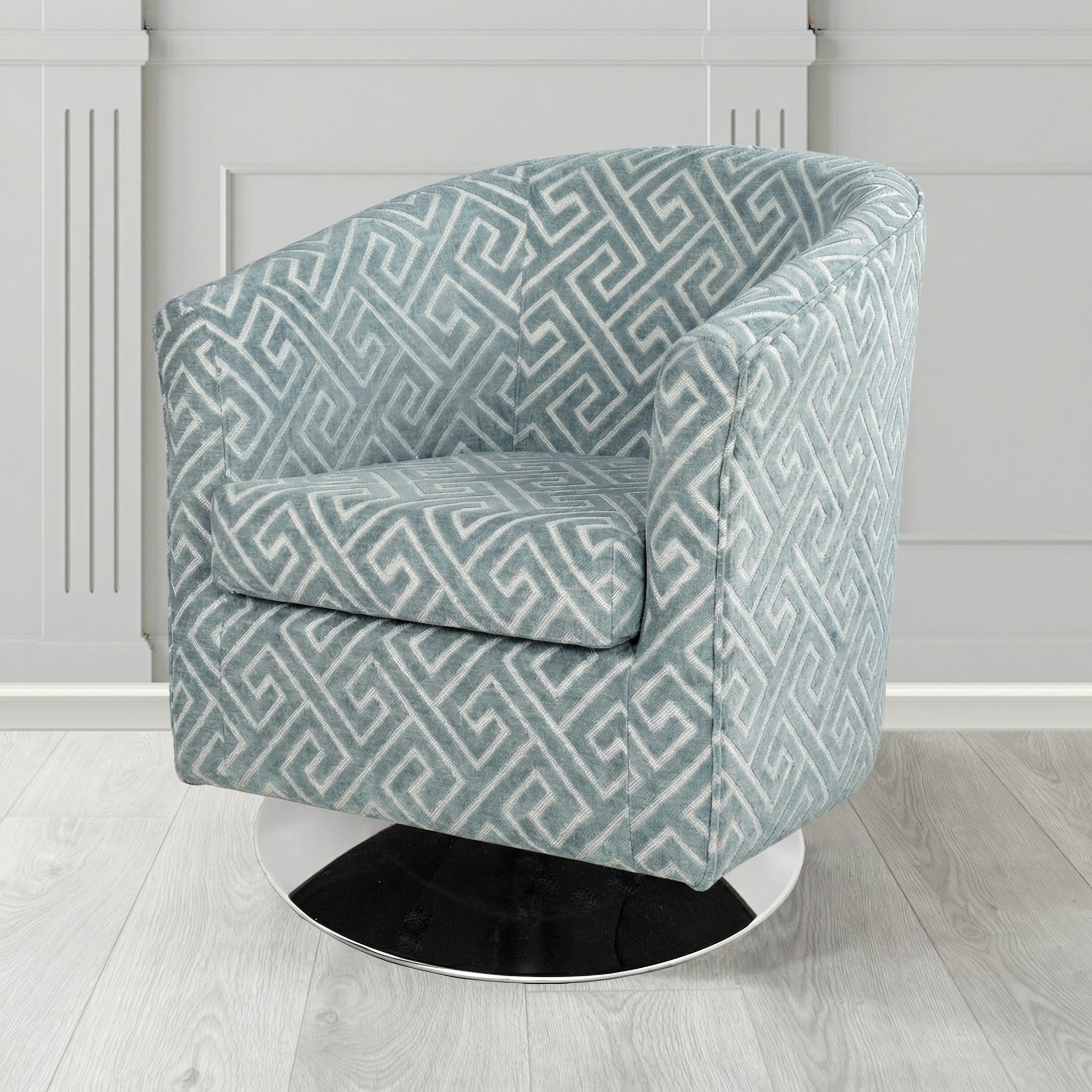 Tuscany Swivel Tub Chair in Cristina Marrone Extravaganza Greek Key Geometric Fabric