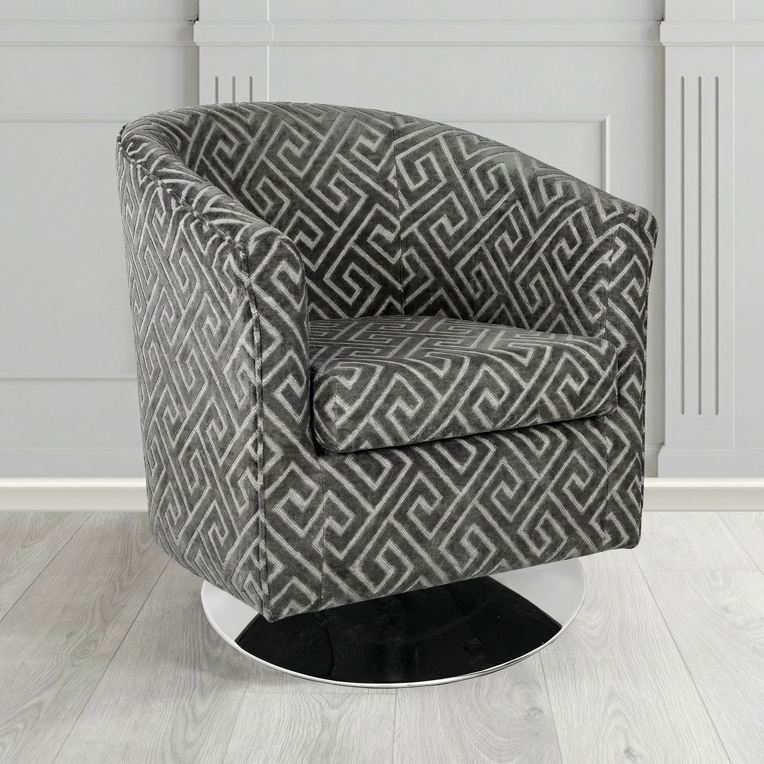 Tuscany Swivel Tub Chair in Cristina Marrone Extravaganza Greek Key Geometric Fabric