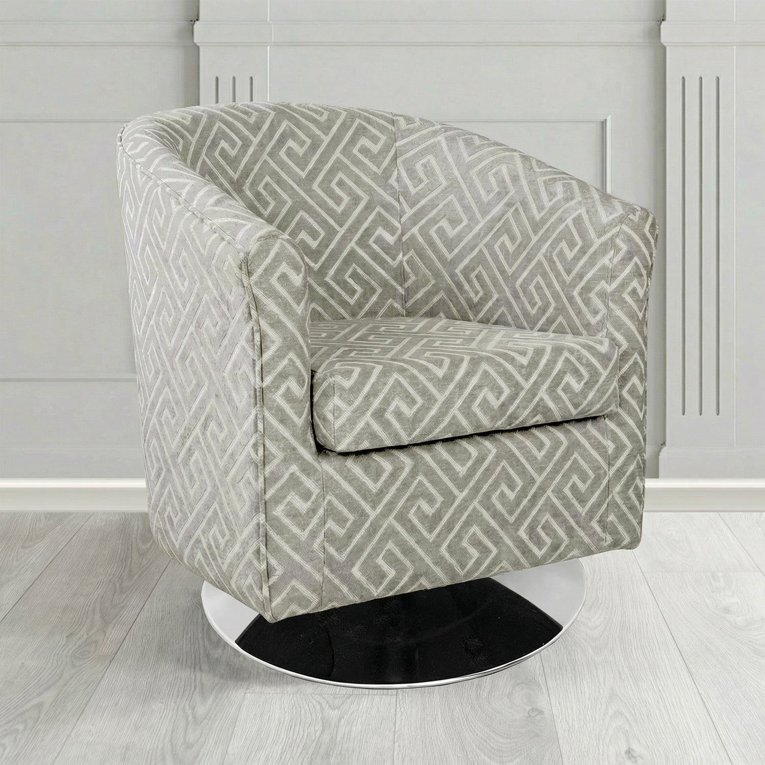Tuscany Swivel Tub Chair in Cristina Marrone Extravaganza Greek Key Geometric Fabric