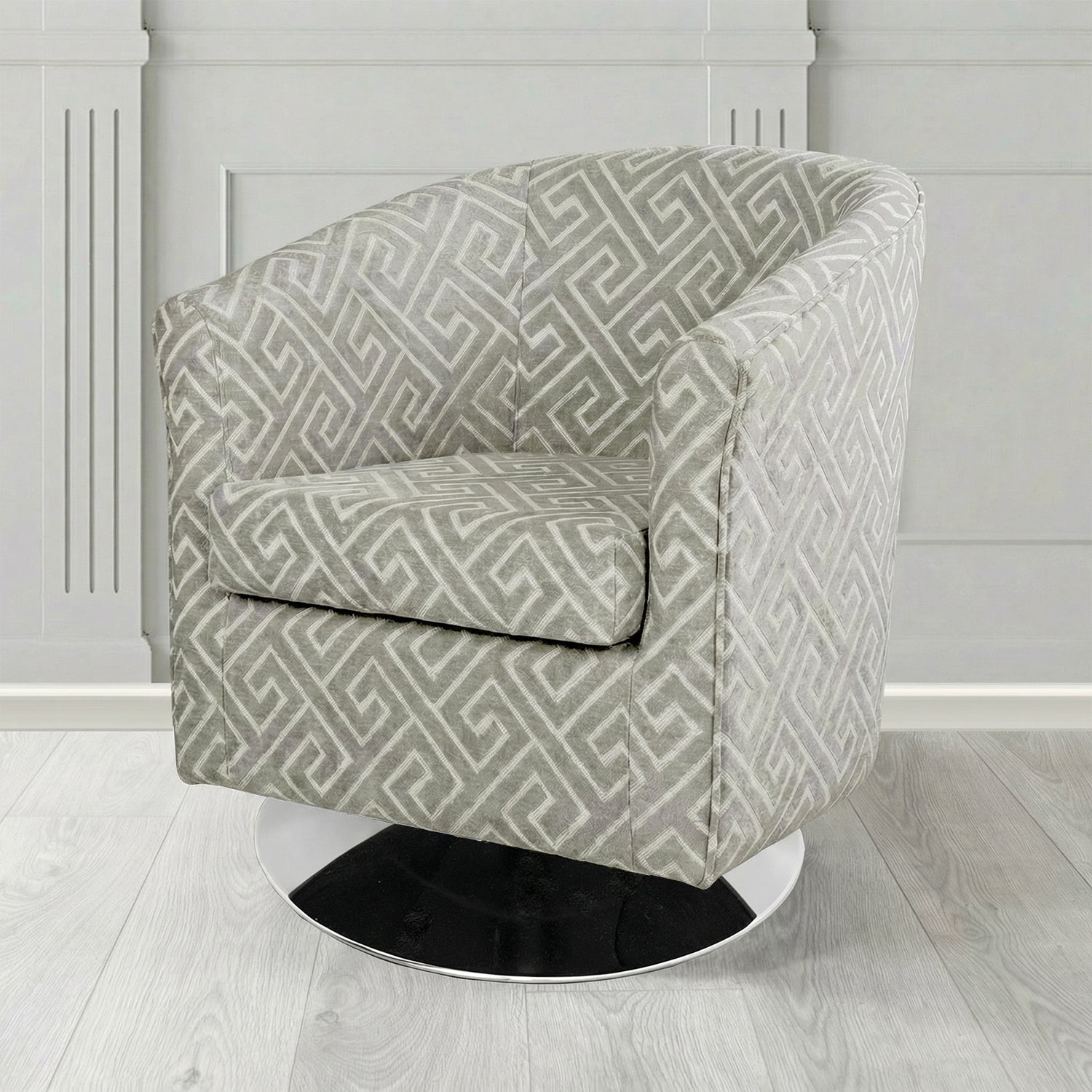 Tuscany Swivel Tub Chair in Cristina Marrone Extravaganza Greek Key Geometric Fabric
