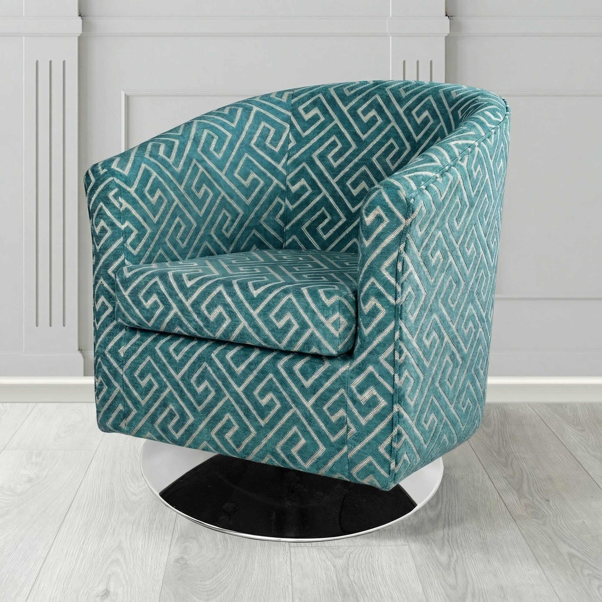 Tuscany Swivel Tub Chair in Cristina Marrone Extravaganza Greek Key Geometric Fabric