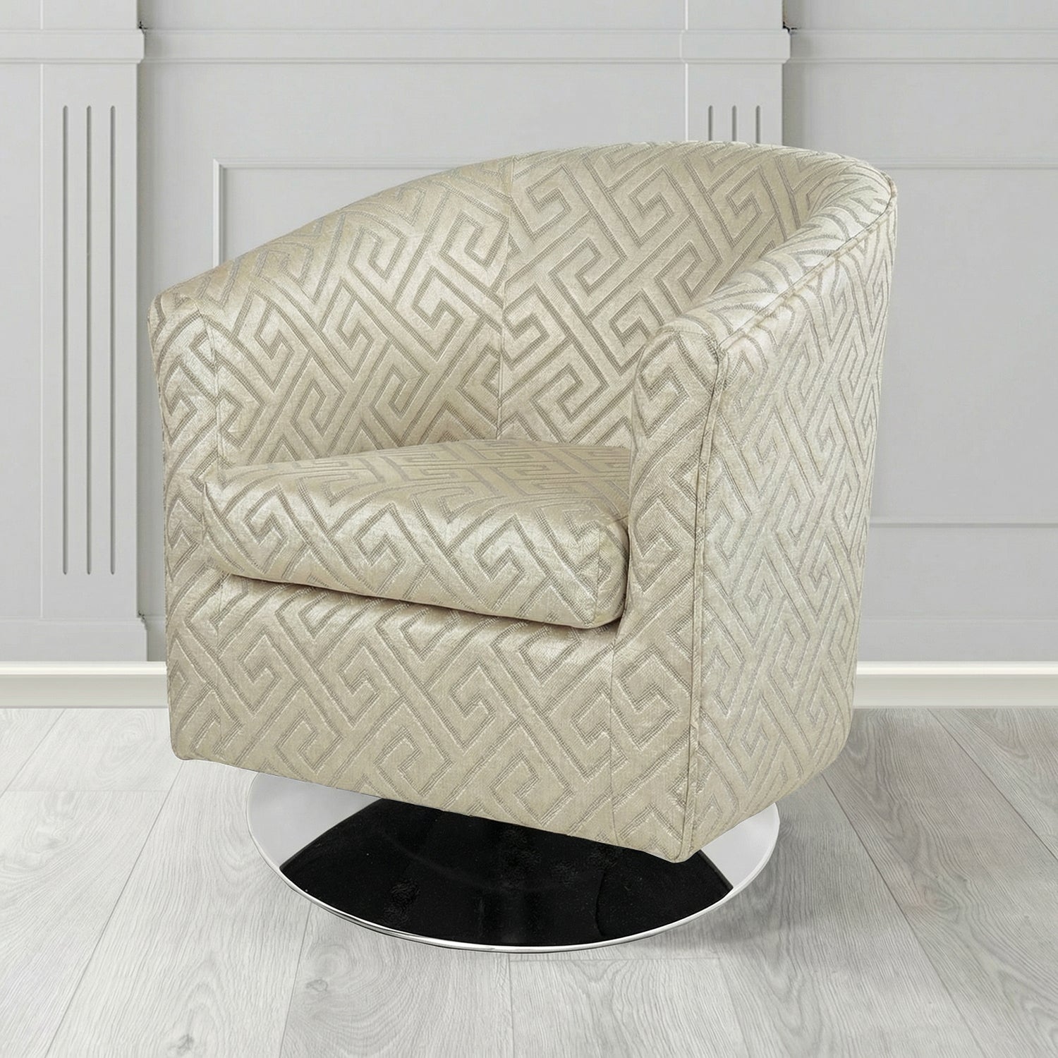 Tuscany Swivel Tub Chair in Cristina Marrone Extravaganza Greek Key Geometric Fabric