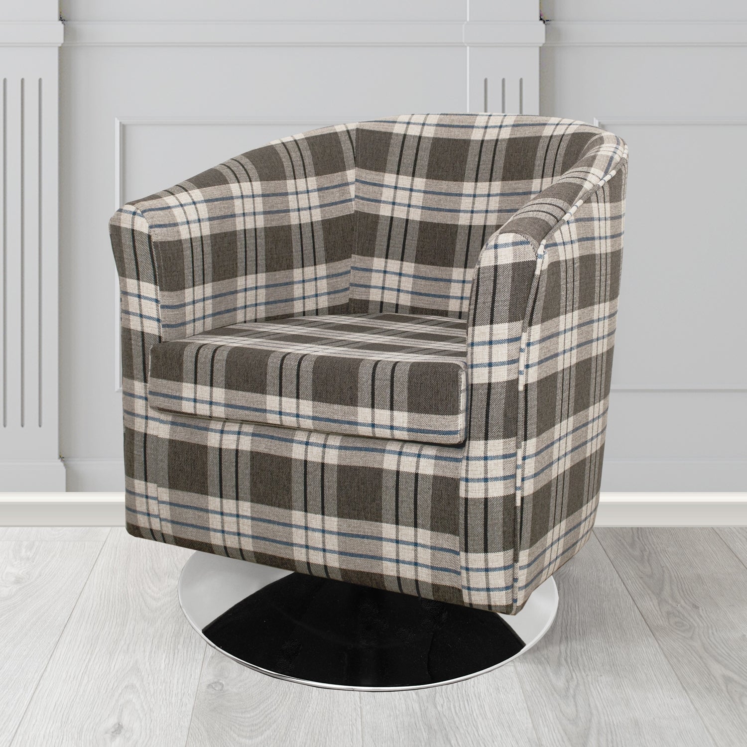 Tuscany Kintyre Charcoal Tartan Crib 5 Fabric Swivel Tub Chair - The Tub Chair Shop
