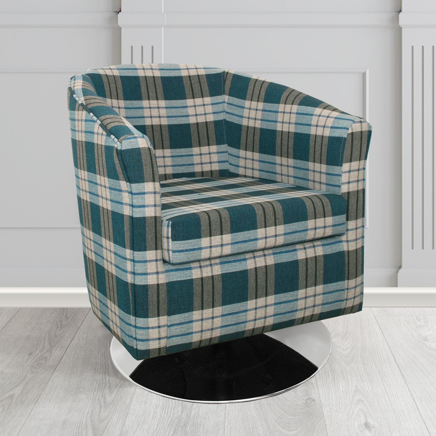 Tuscany Kintyre Teal Tartan Crib 5 Fabric Swivel Tub Chair - The Tub Chair Shop