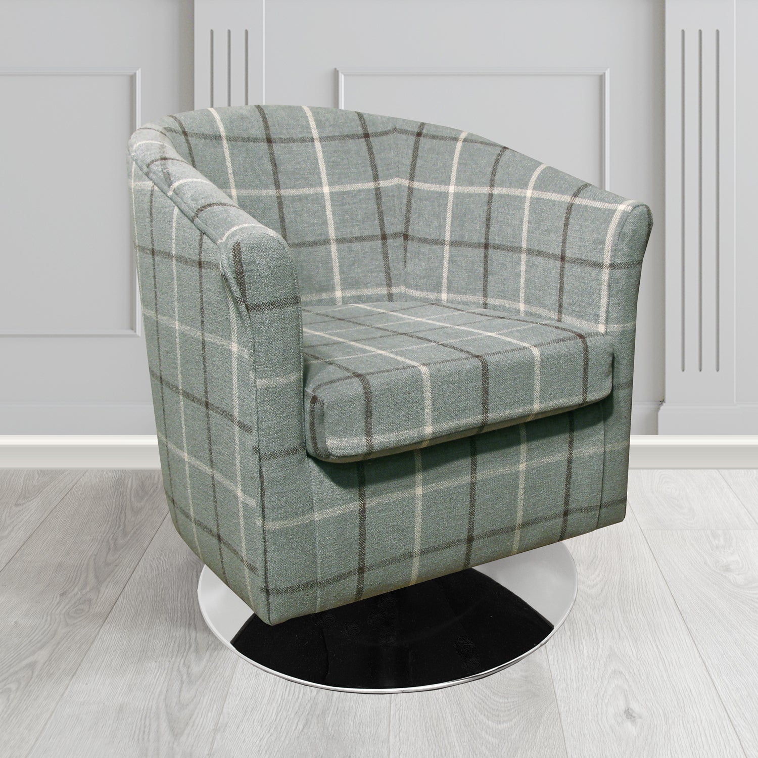 Tuscany Swivel Tub Chair in Lana Dove Grey Check Tartan LAN1261 Crib 5 Fabric - The Tub Chair Shop