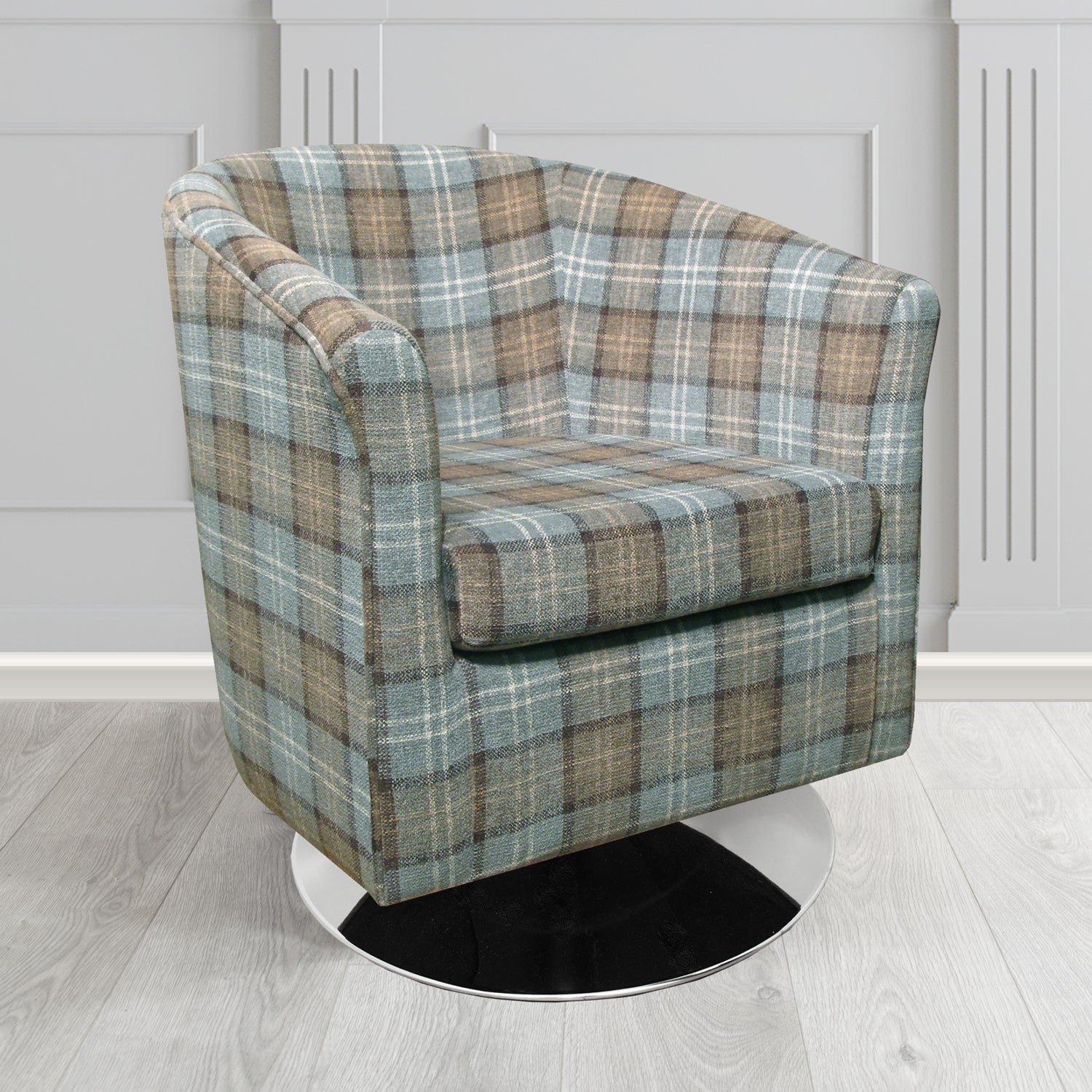 Tuscany Swivel Tub Chair in Lana Dove Grey LAN1256 Tartan Crib 5 Fabric - The Tub Chair Shop