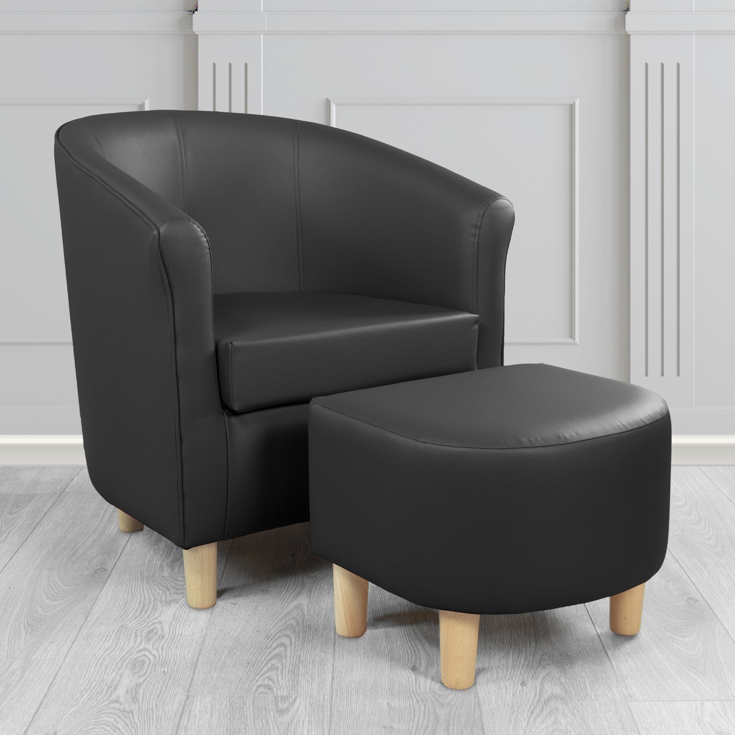 Tuscany Tub Chair with Footstool Set in Madrid Black Faux Leather - The Tub Chair Shop