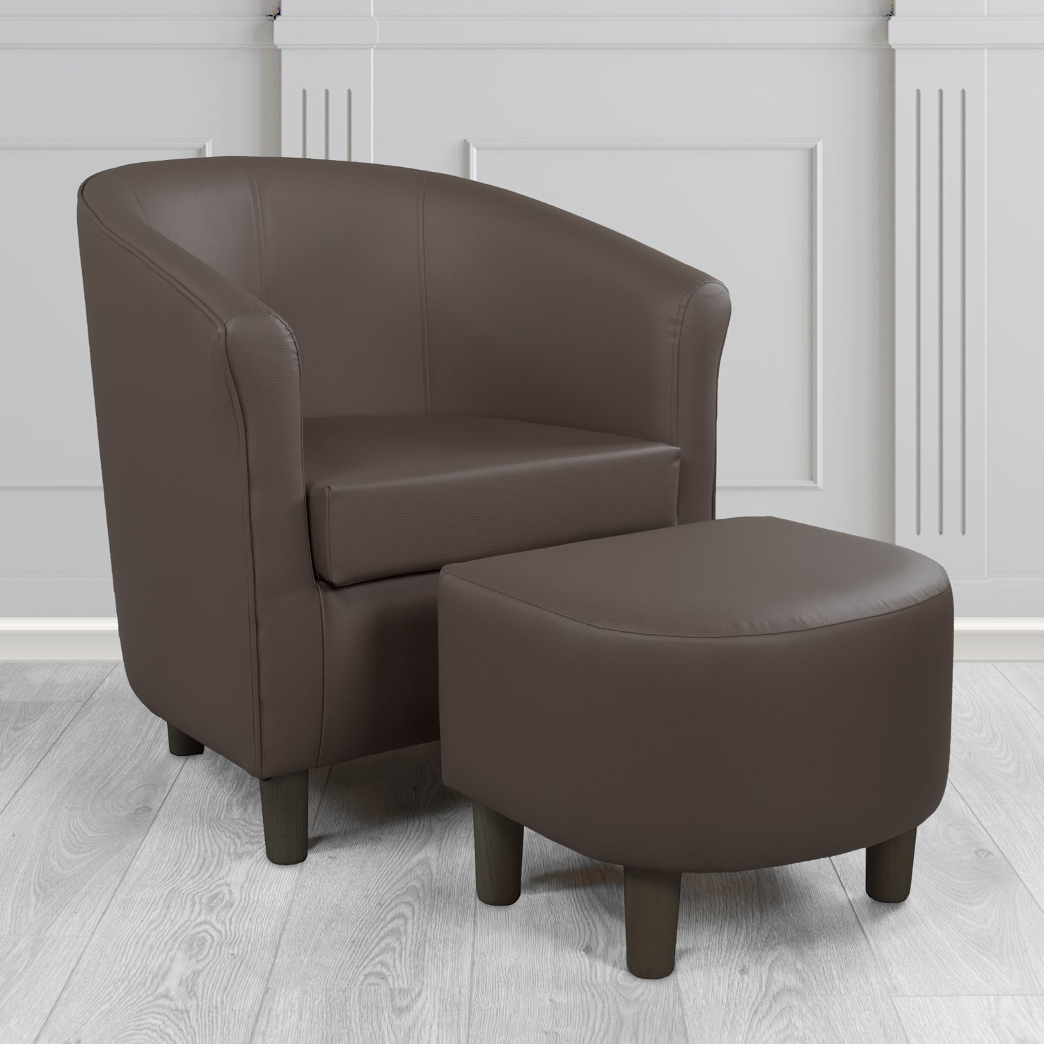 Tuscany Tub Chair with Footstool Set in Madrid Chocolate Faux Leather - The Tub Chair Shop