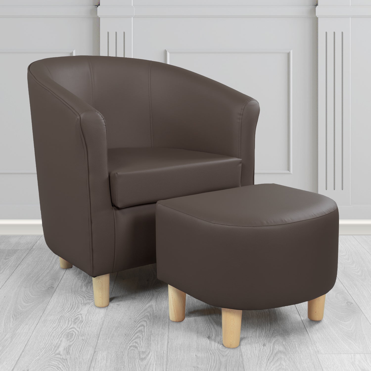 Tuscany Tub Chair with Footstool Set in Madrid Chocolate Faux Leather - The Tub Chair Shop