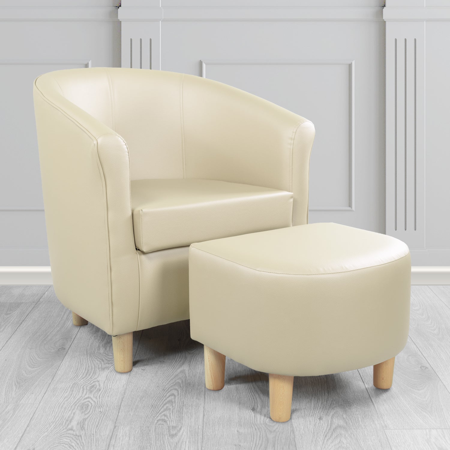 Tuscany Tub Chair with Footstool Set in Madrid Cream Faux Leather - The Tub Chair Shop