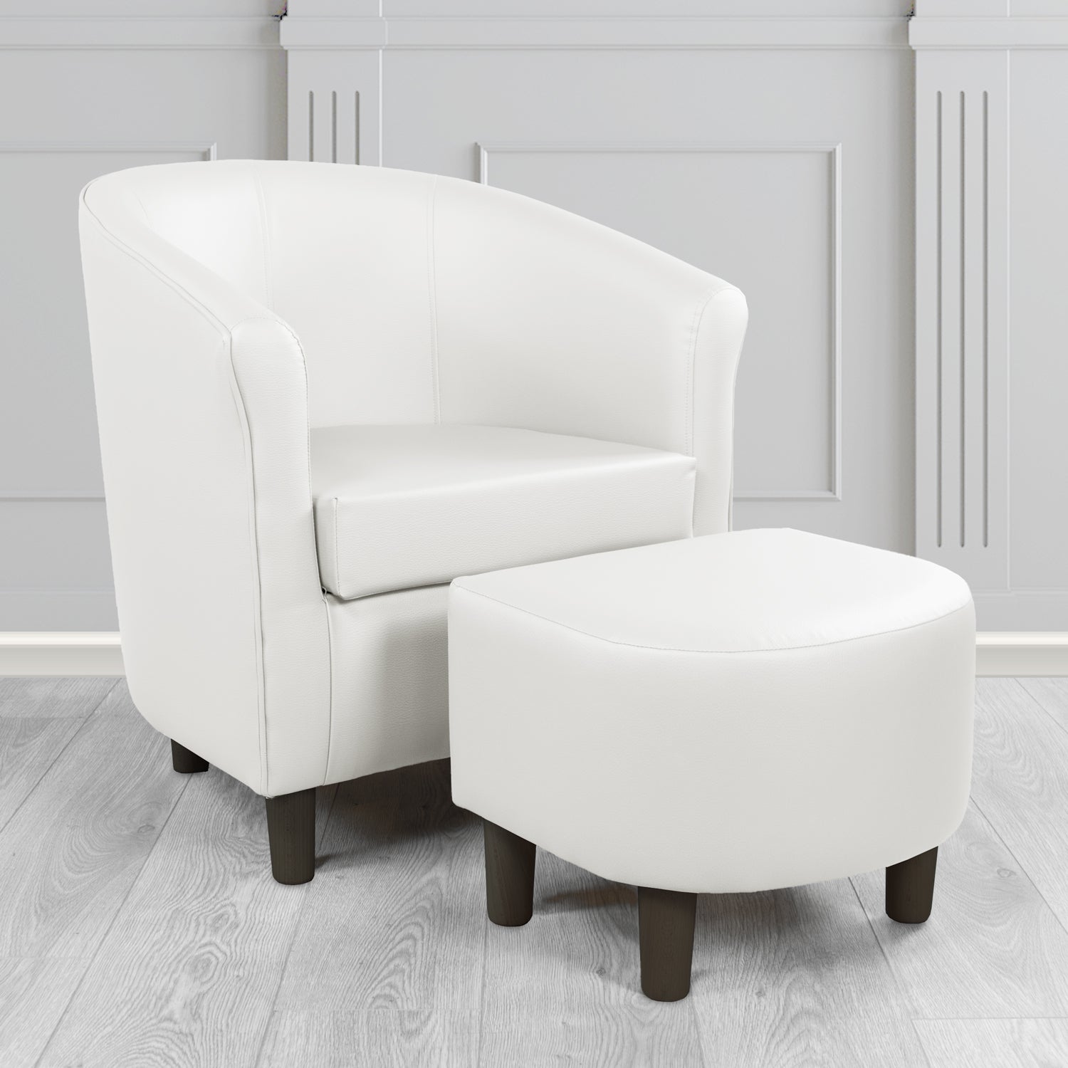 Tuscany Tub Chair with Footstool Set in Madrid White Faux Leather - The Tub Chair Shop