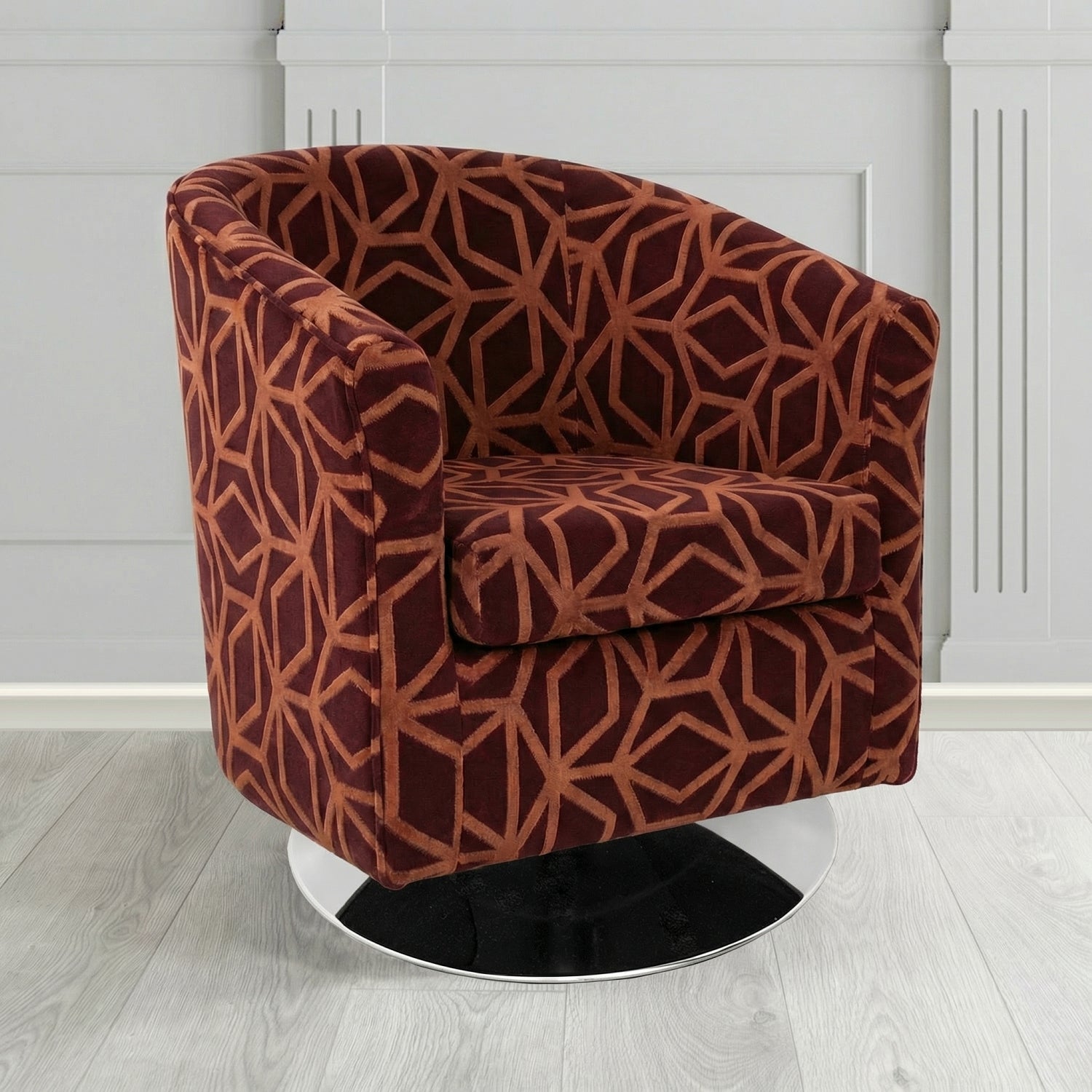 Tuscany Swivel Tub Chair in Panaz Fabrics Lexington Corinthia Geometric Crib 5 Velvet Fabric