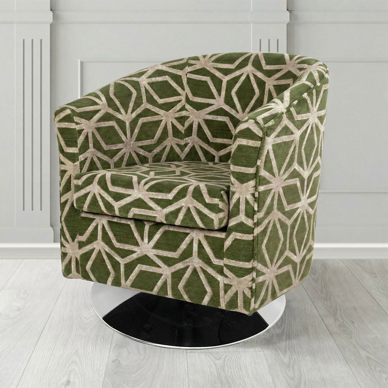 Tuscany Swivel Tub Chair in Panaz Fabrics Lexington Corinthia Geometric Crib 5 Velvet Fabric