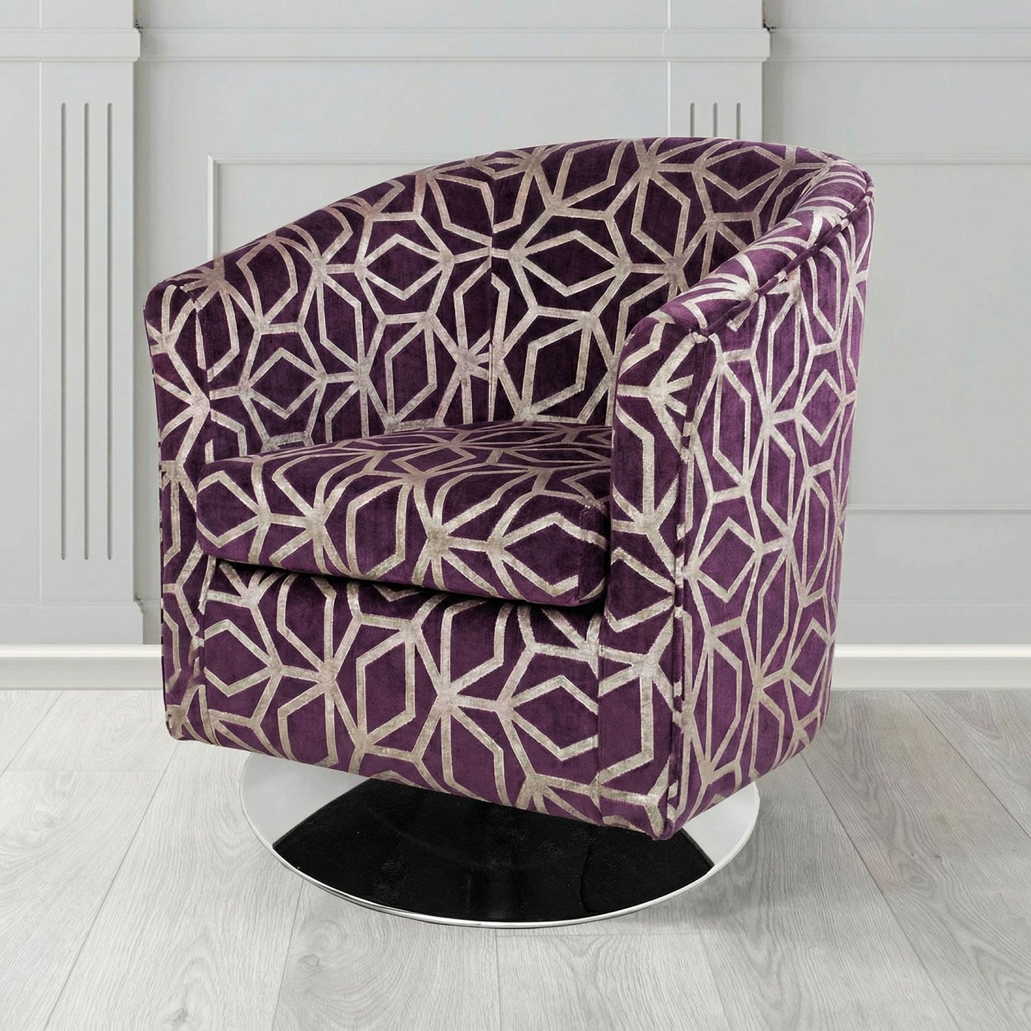 Tuscany Swivel Tub Chair in Panaz Fabrics Lexington Corinthia Geometric Crib 5 Velvet Fabric