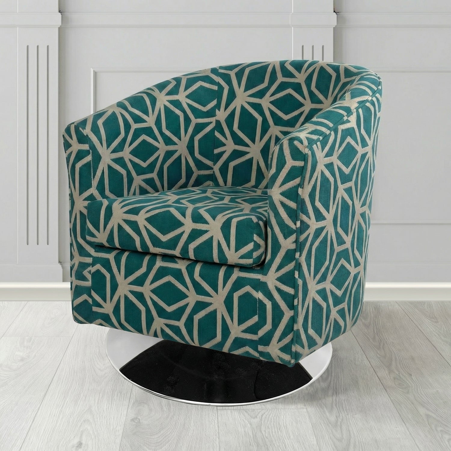 Tuscany Swivel Tub Chair in Panaz Fabrics Lexington Corinthia Geometric Crib 5 Velvet Fabric