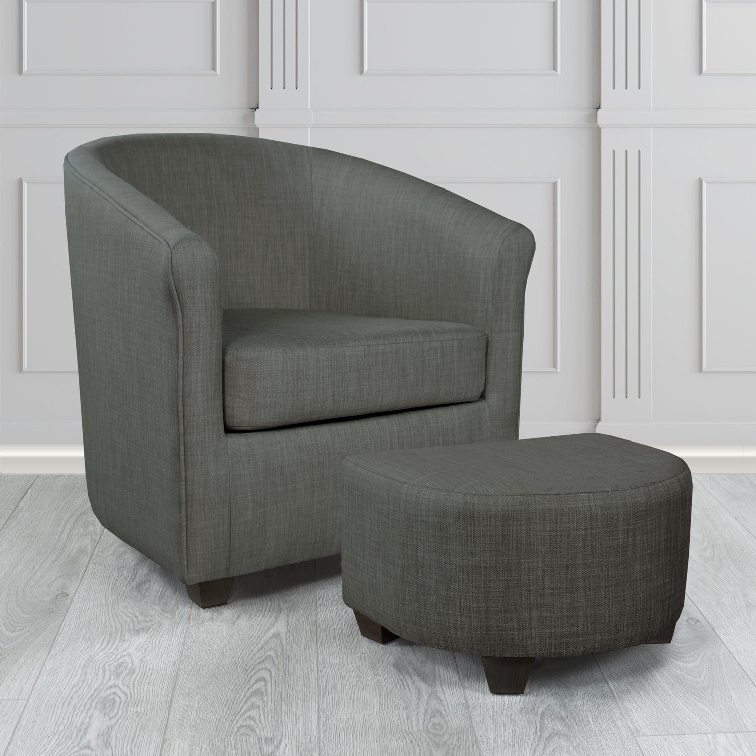 Cannes Charles Charcoal Plain Linen Fabric Tub Chair & Footstool Set - The Tub Chair Shop