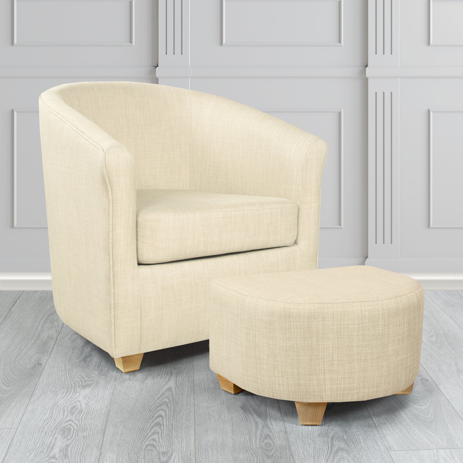 Cannes Charles Cream Plain Linen Fabric Tub Chair & Footstool Set - The Tub Chair Shop