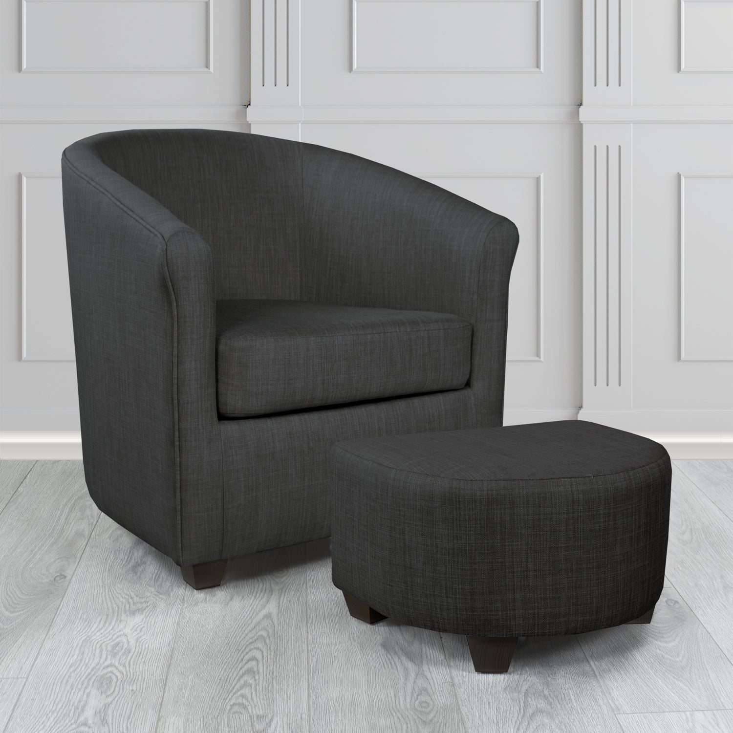 Cannes Charles Ebony Plain Linen Fabric Tub Chair & Footstool Set - The Tub Chair Shop