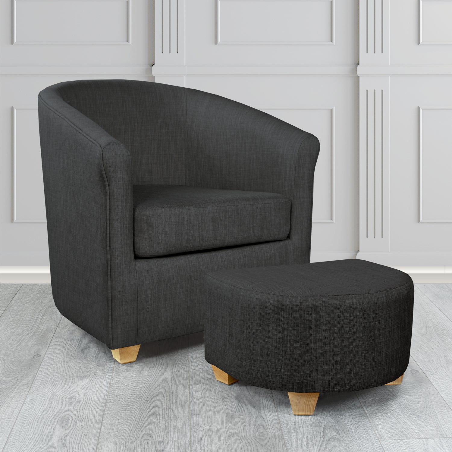 Cannes Charles Ebony Plain Linen Fabric Tub Chair & Footstool Set - The Tub Chair Shop
