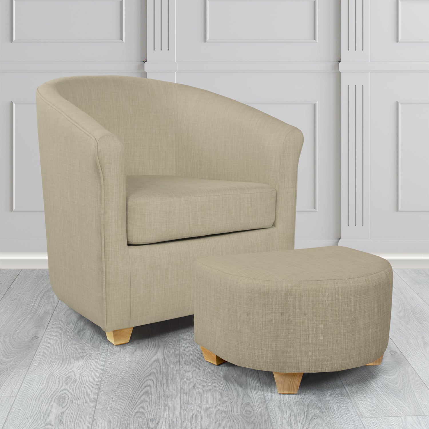 Cannes Charles Fudge Plain Linen Fabric Tub Chair & Footstool Set - The Tub Chair Shop