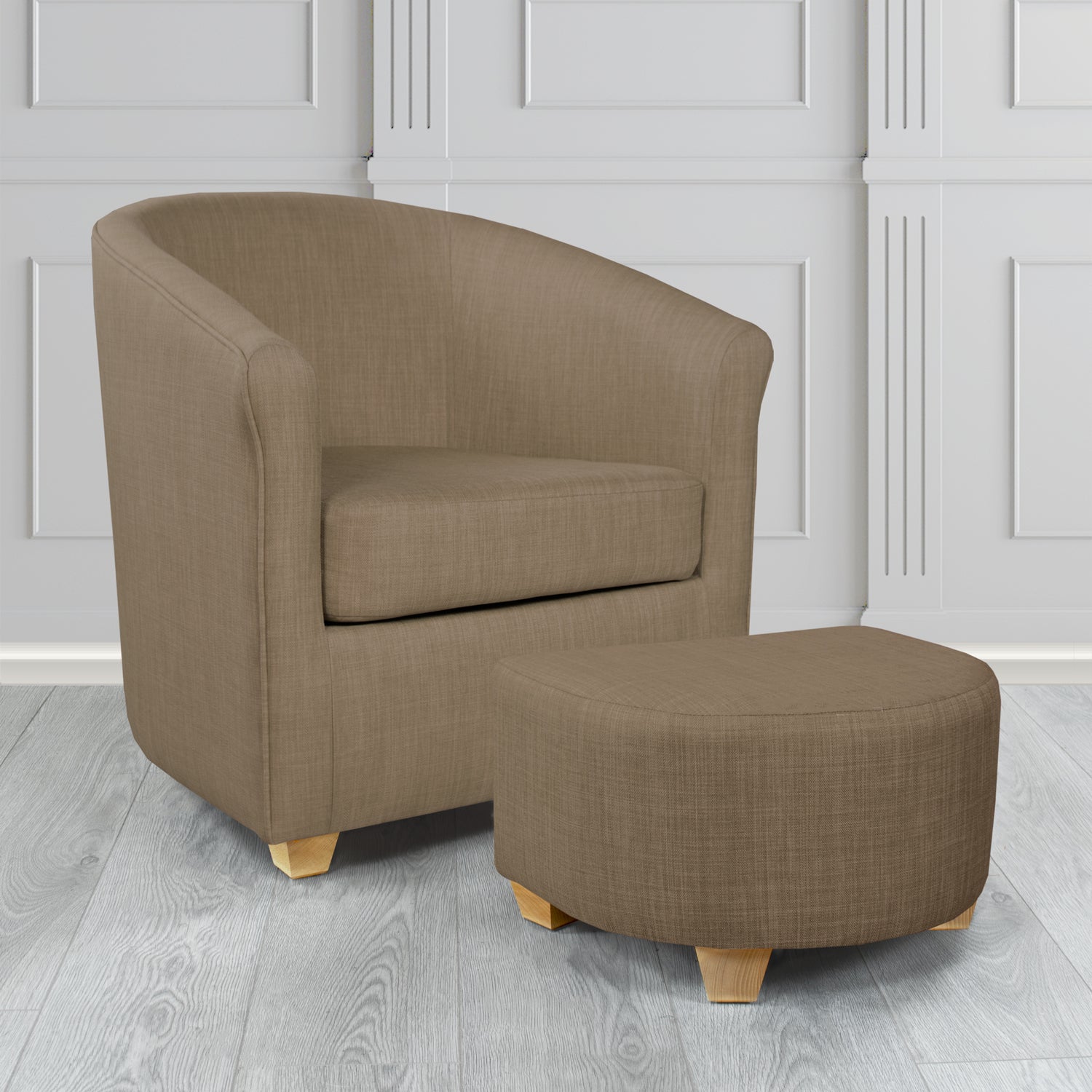 Cannes Charles Nutmeg Plain Linen Fabric Tub Chair & Footstool Set - The Tub Chair Shop