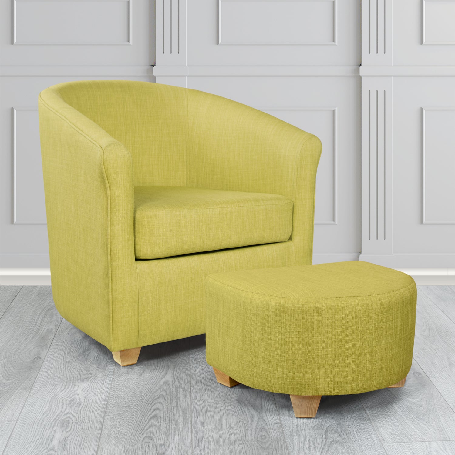 Cannes Charles Olive Plain Linen Fabric Tub Chair & Footstool Set - The Tub Chair Shop