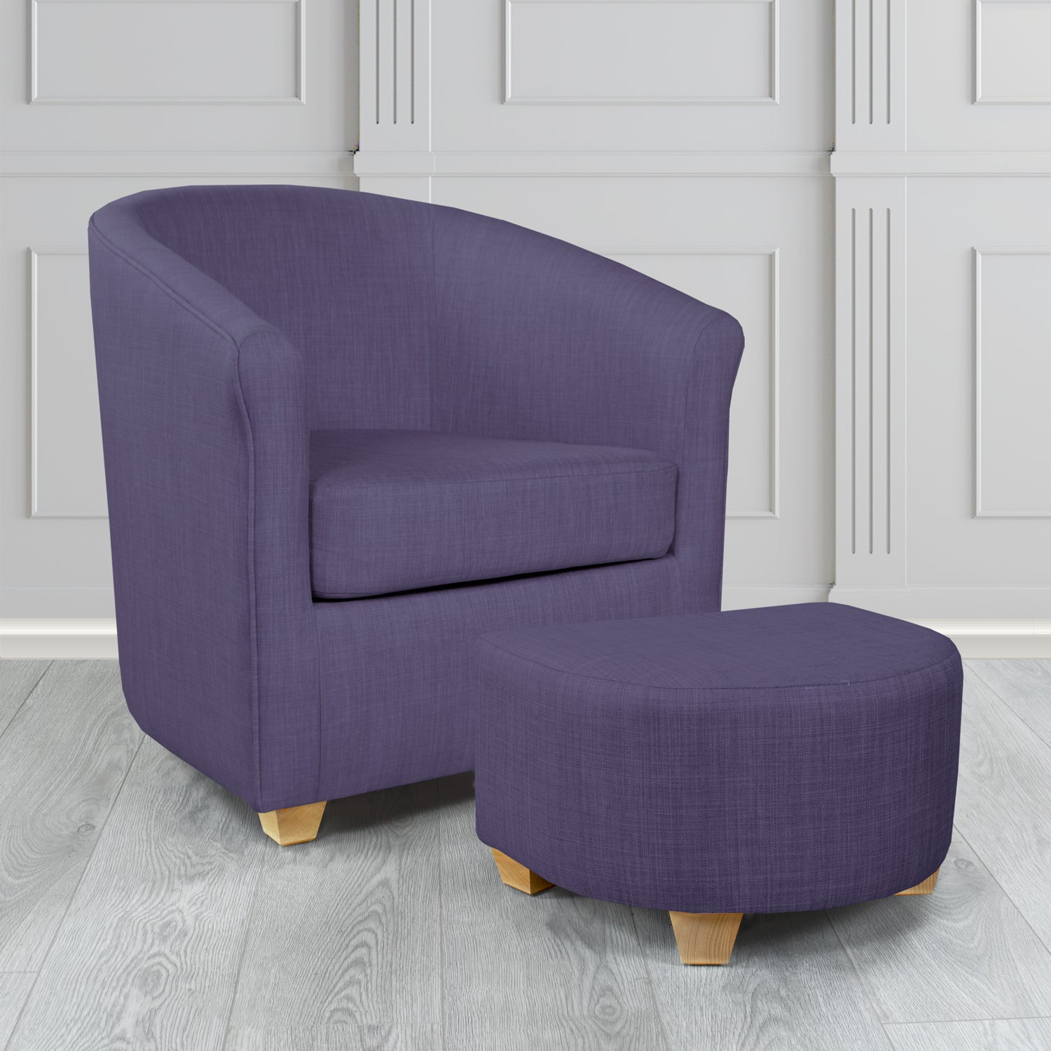 Cannes Charles Purple Plain Linen Fabric Tub Chair & Footstool Set - The Tub Chair Shop