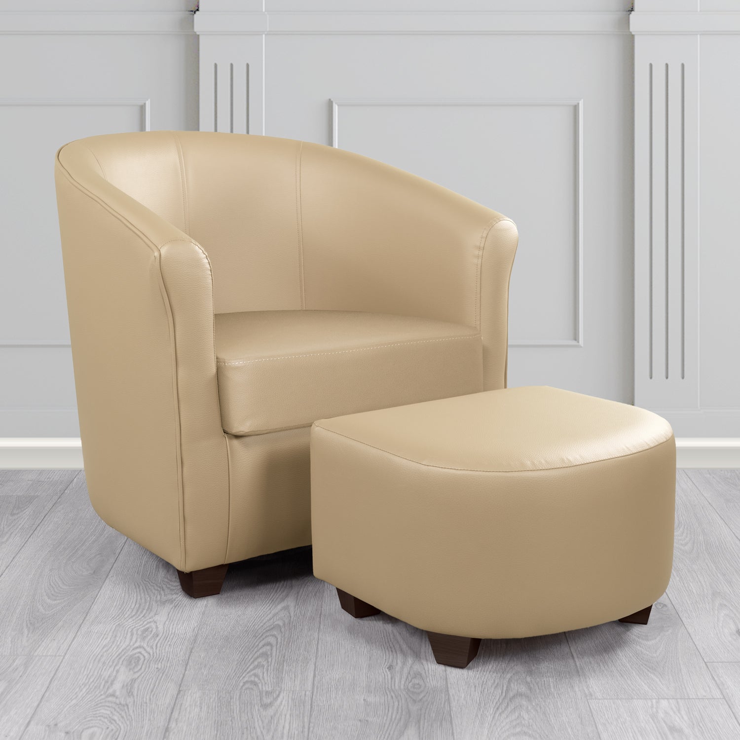 Cannes Tub Chair with Footstool Set in Just Colour Almond Crib 5 Faux Leather - The Tub Chair Shop