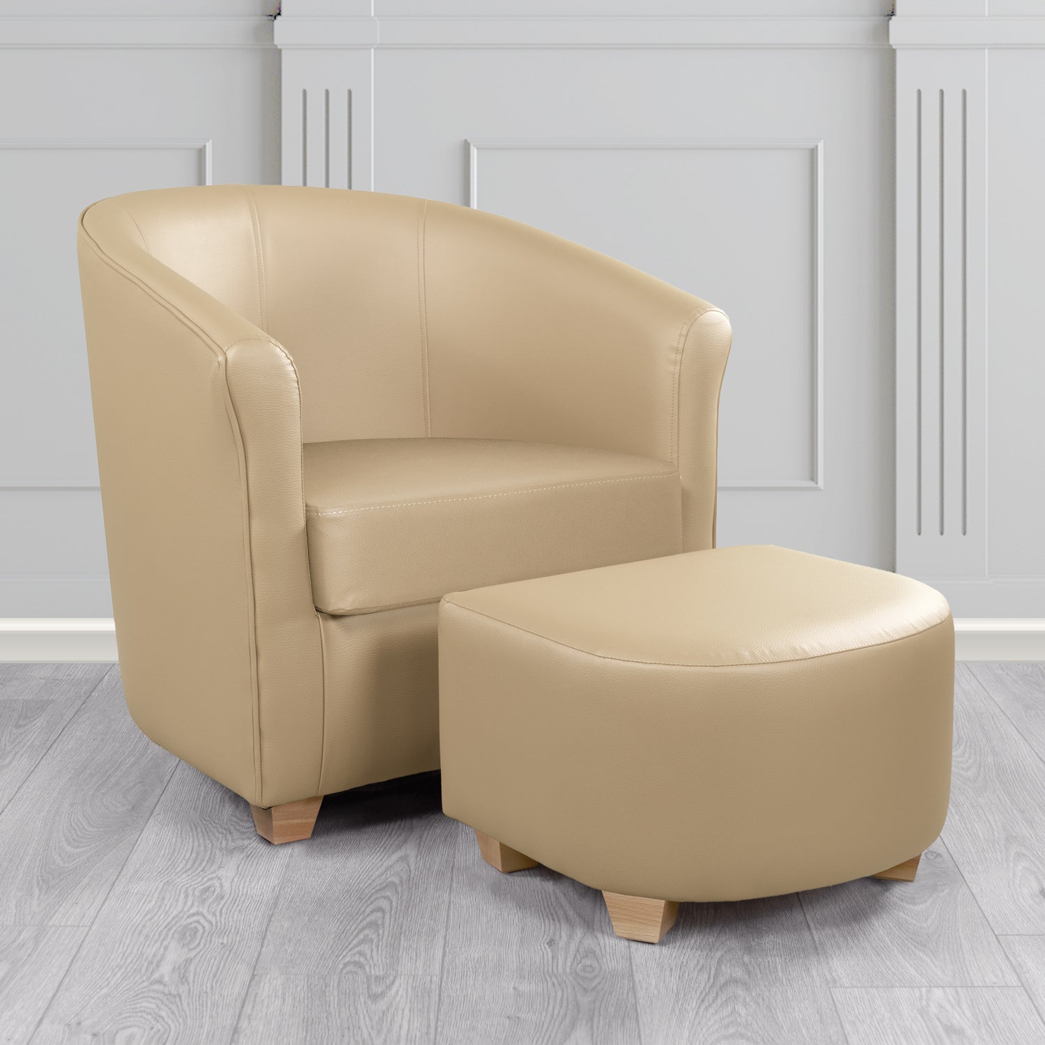 Cannes Tub Chair with Footstool Set in Just Colour Almond Crib 5 Faux Leather - The Tub Chair Shop