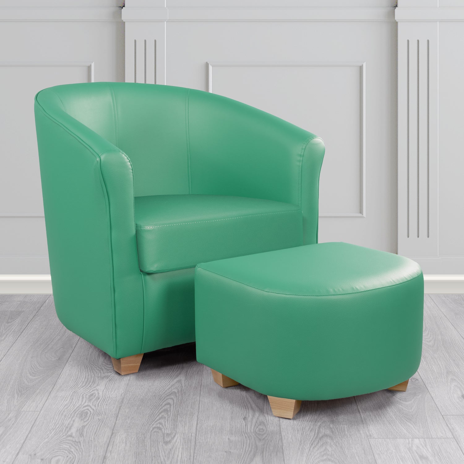 Cannes Tub Chair with Footstool Set in Just Colour Applemint Crib 5 Faux Leather - The Tub Chair Shop
