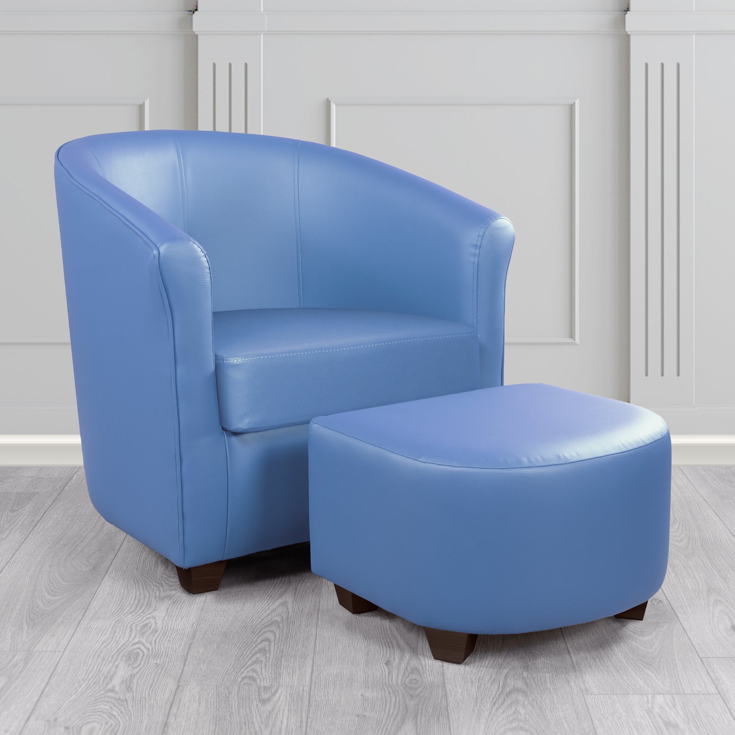 Cannes Tub Chair with Footstool Set in Just Colour Blue Steel Crib 5 Faux Leather - The Tub Chair Shop