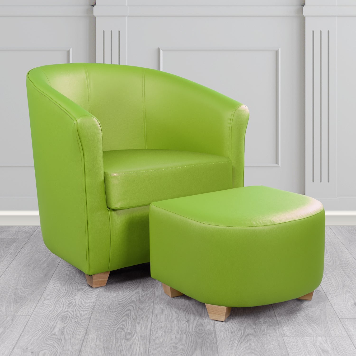 Cannes Tub Chair with Footstool Set in Just Colour Citrus Green Crib 5 Faux Leather - The Tub Chair Shop