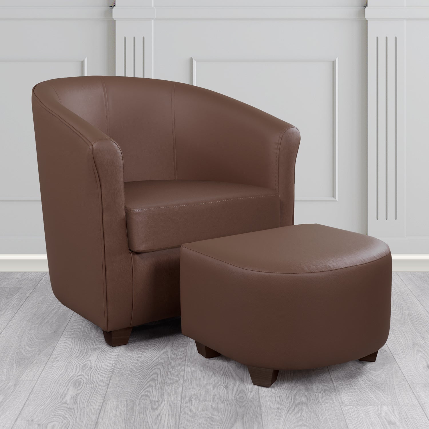 Cannes Tub Chair with Footstool Set in Just Colour Cocoa Crib 5 Faux Leather - The Tub Chair Shop