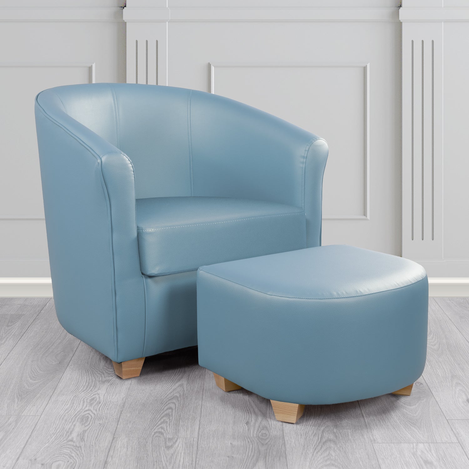 Cannes Tub Chair with Footstool Set in Just Colour Cool Blue Crib 5 Faux Leather - The Tub Chair Shop