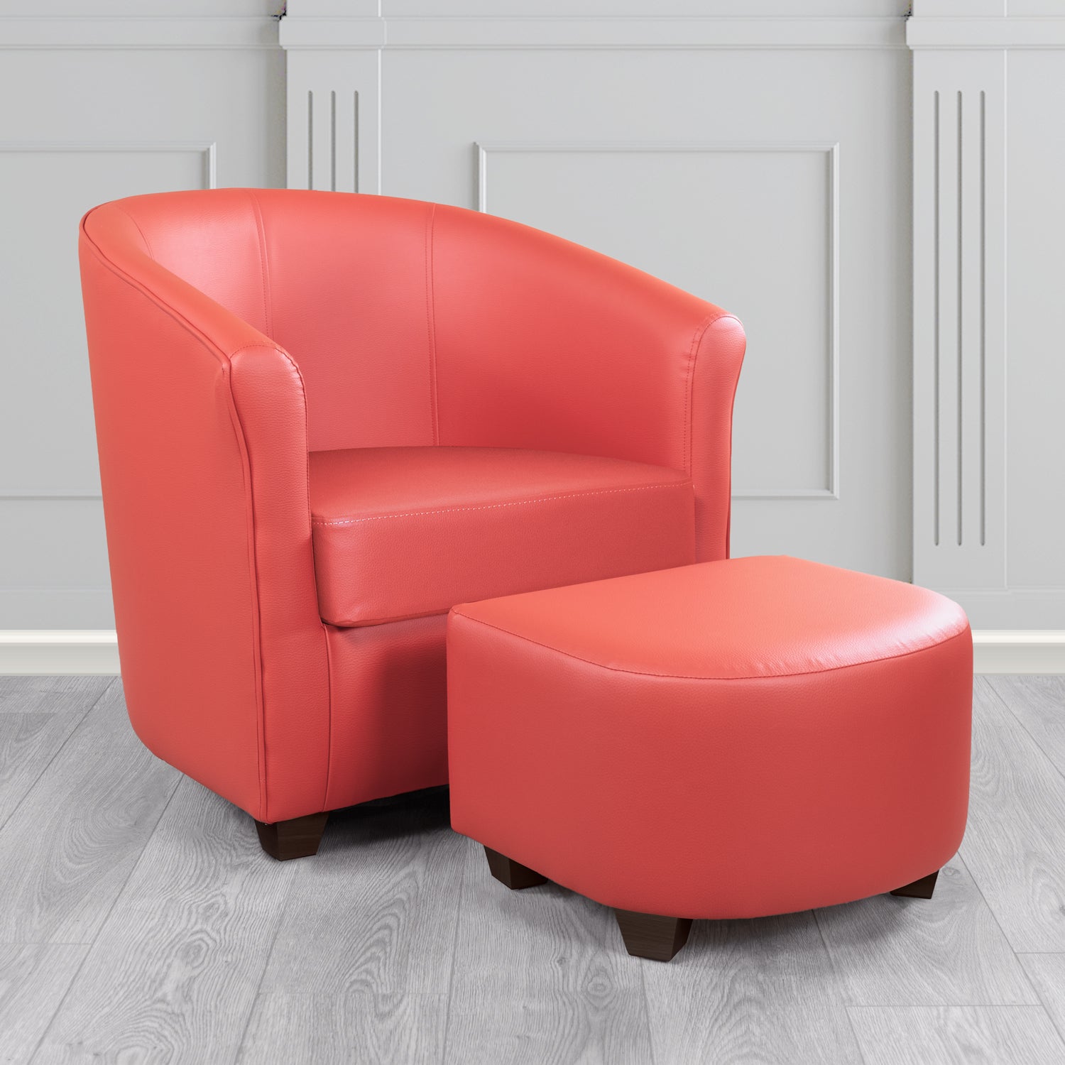 Cannes Tub Chair with Footstool Set in Just Colour Coral Crib 5 Faux Leather - The Tub Chair Shop