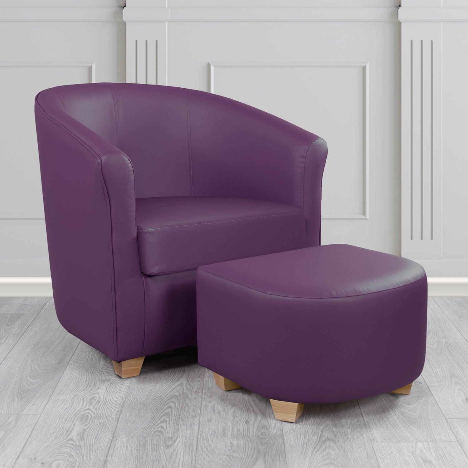 Cannes Tub Chair with Footstool Set in Just Colour Damson Crib 5 Faux Leather - The Tub Chair Shop