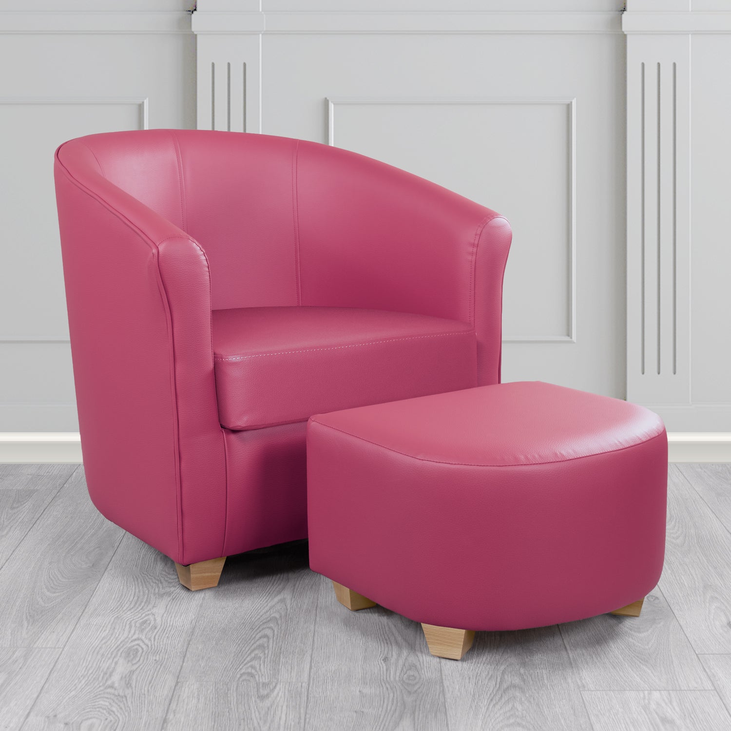 Cannes Tub Chair with Footstool Set in Just Colour Deep Rose Crib 5 Faux Leather - The Tub Chair Shop