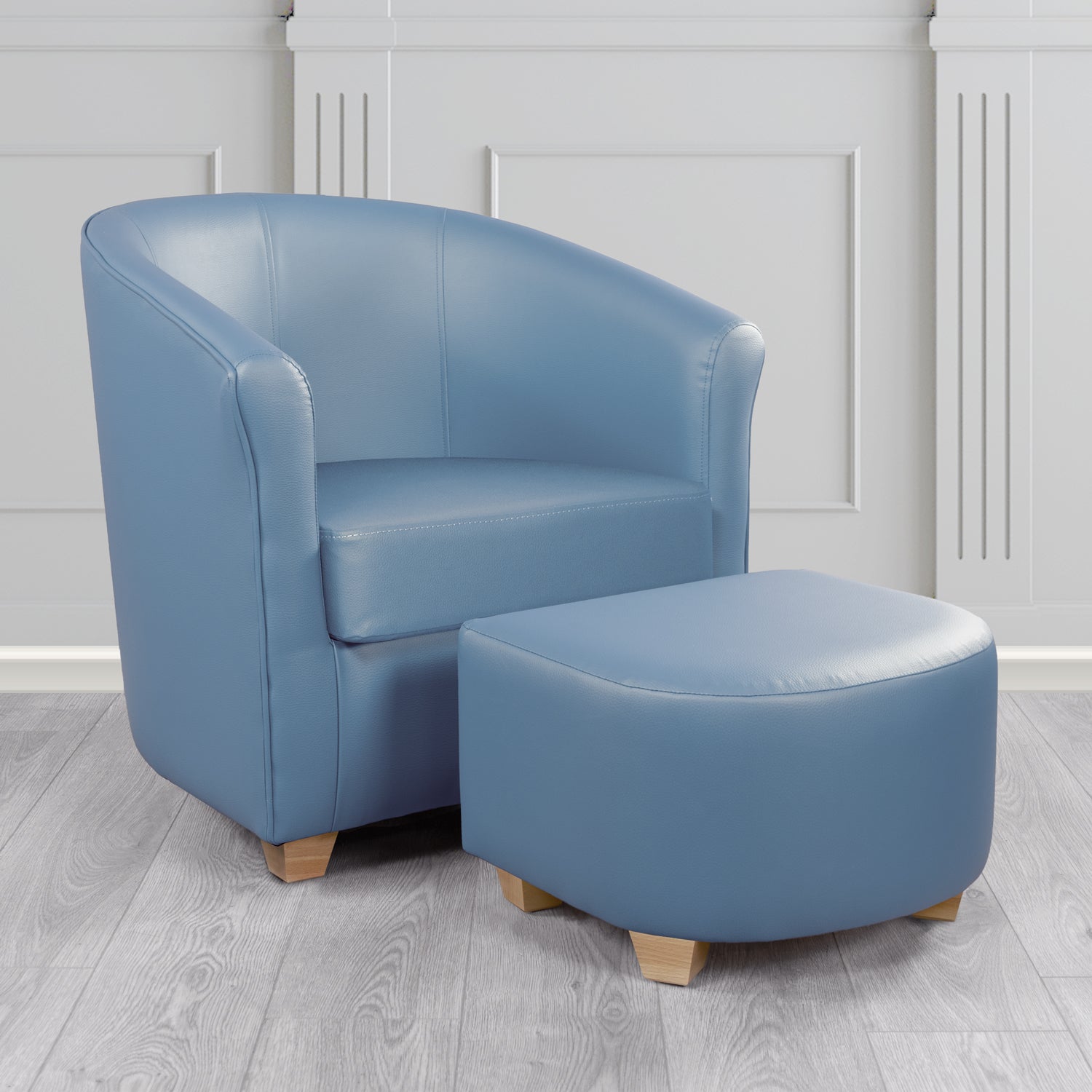 Cannes Tub Chair with Footstool Set in Just Colour Dolphin Crib 5 Faux Leather - The Tub Chair Shop