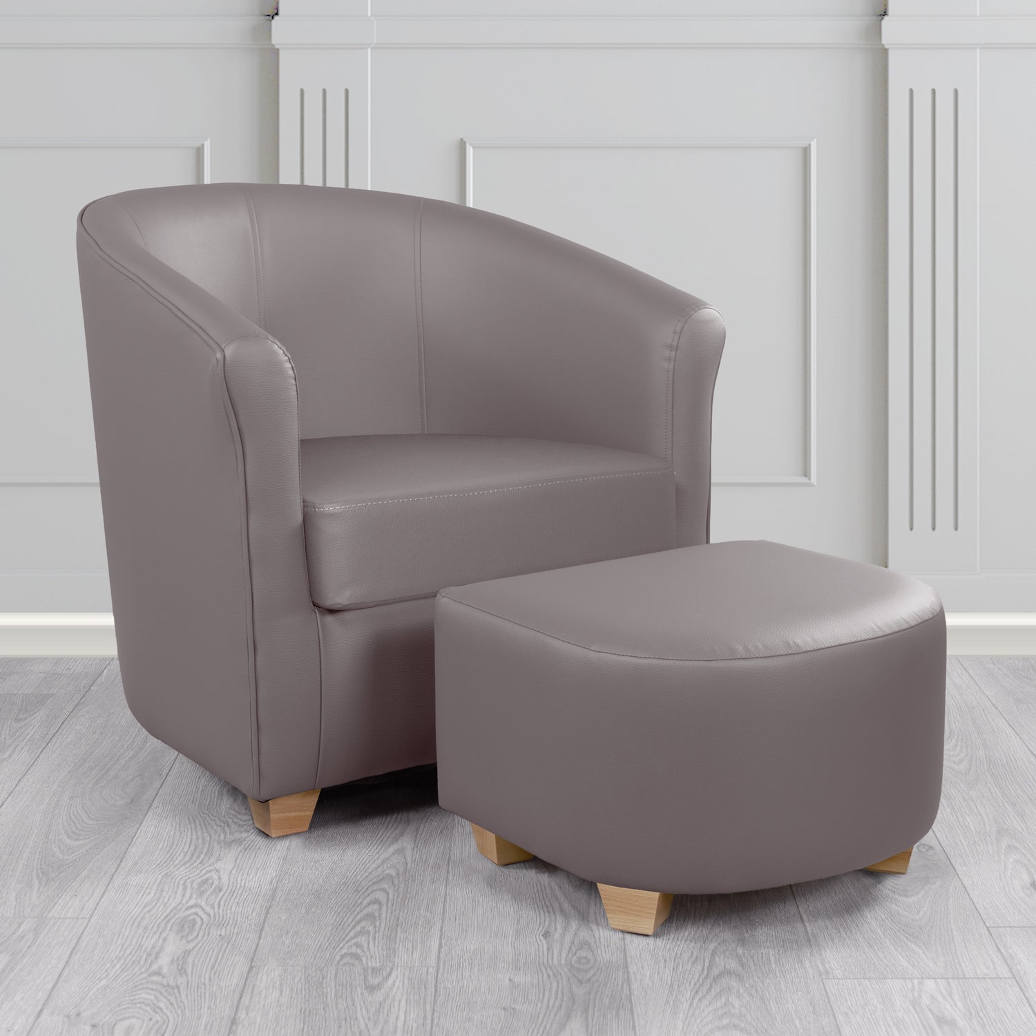Cannes Tub Chair with Footstool Set in Just Colour Elephant Crib 5 Faux Leather - The Tub Chair Shop