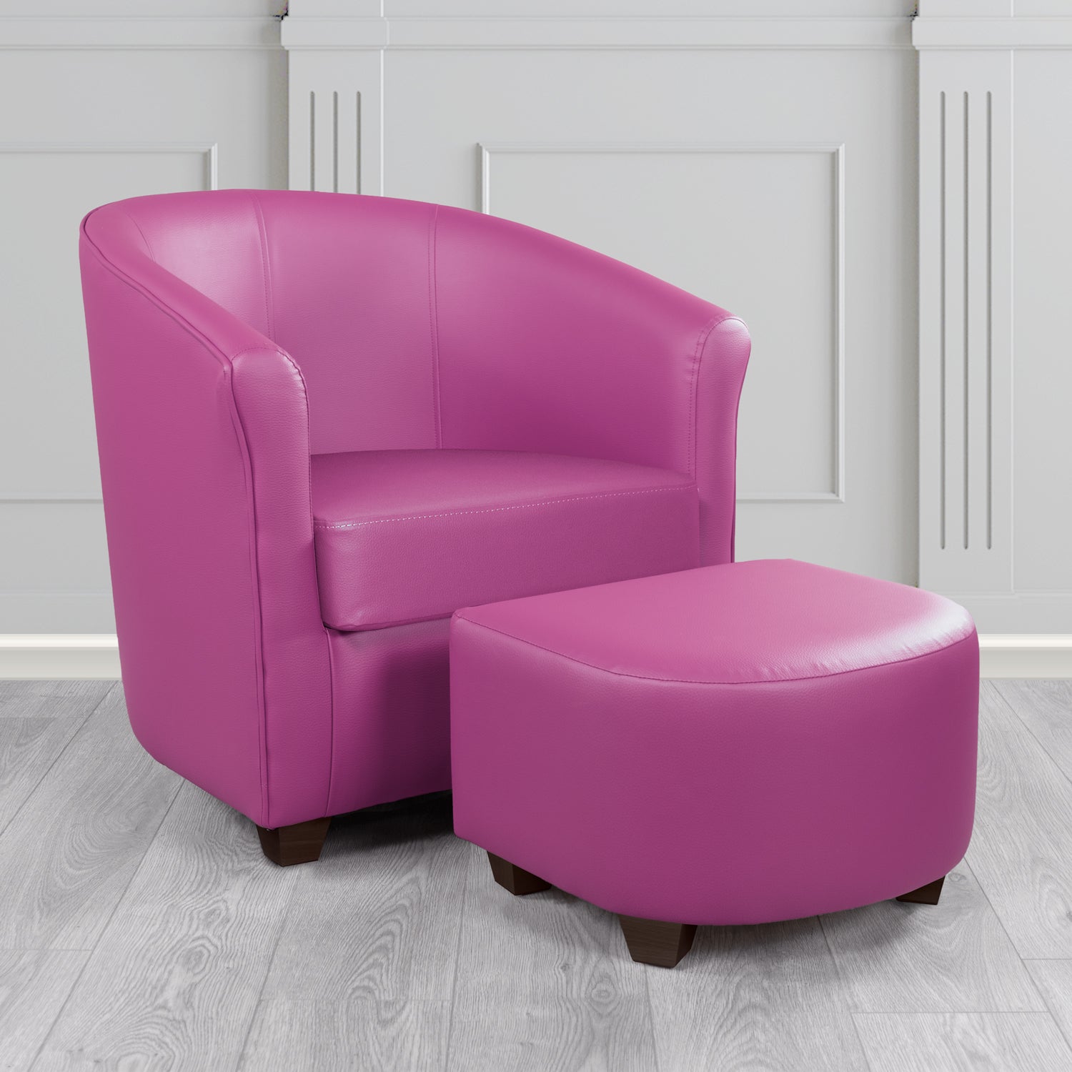 Cannes Tub Chair with Footstool Set in Just Colour Fuchsia Crib 5 Faux Leather - The Tub Chair Shop