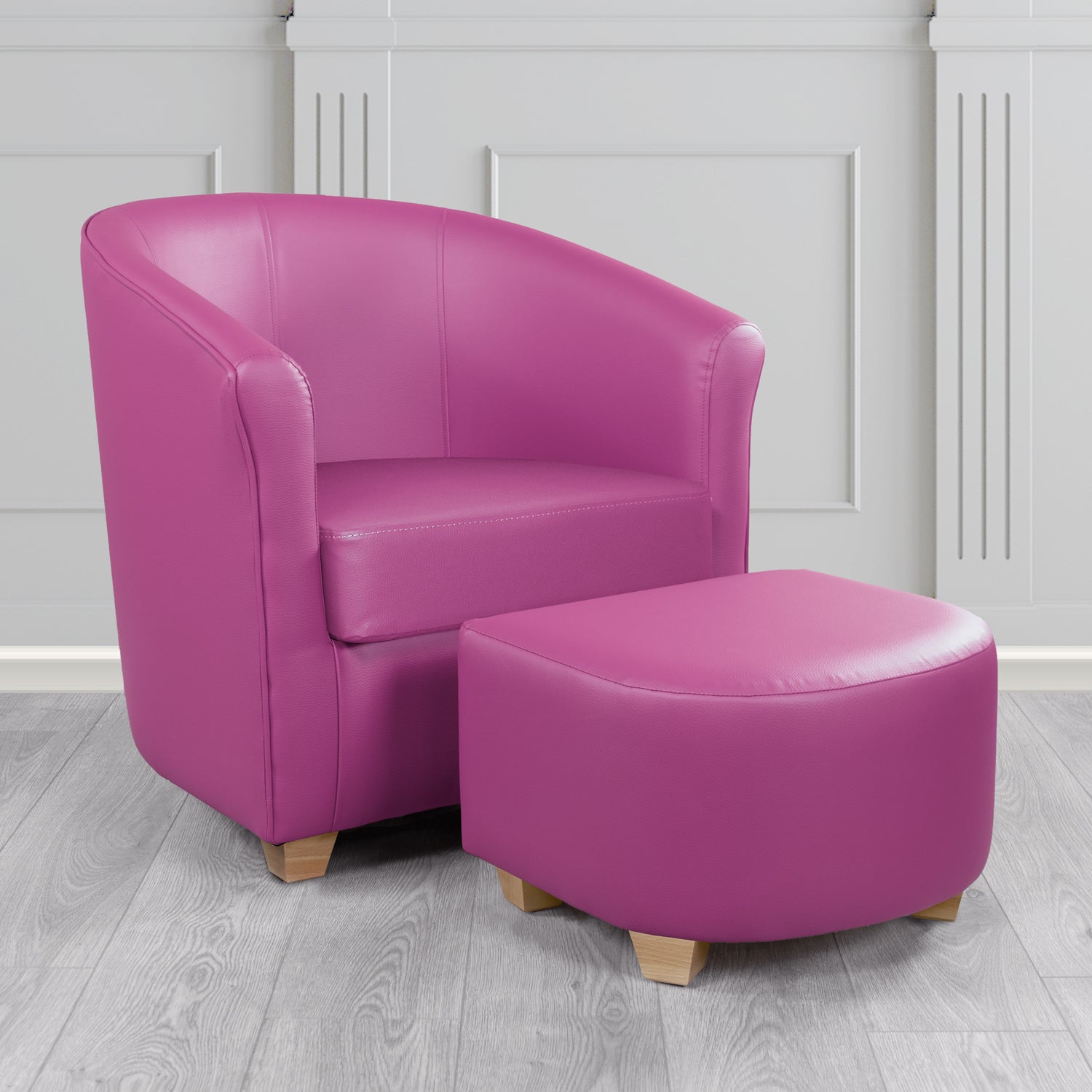 Cannes Tub Chair with Footstool Set in Just Colour Fuchsia Crib 5 Faux Leather - The Tub Chair Shop