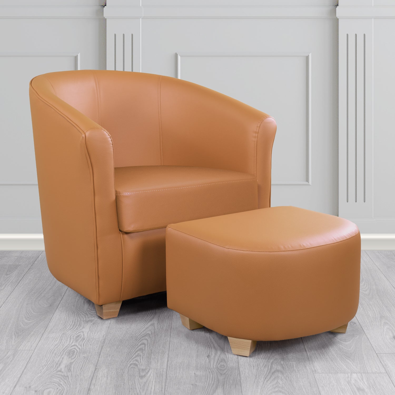 Cannes Tub Chair with Footstool Set in Just Colour Fudge Crib 5 Faux Leather - The Tub Chair Shop