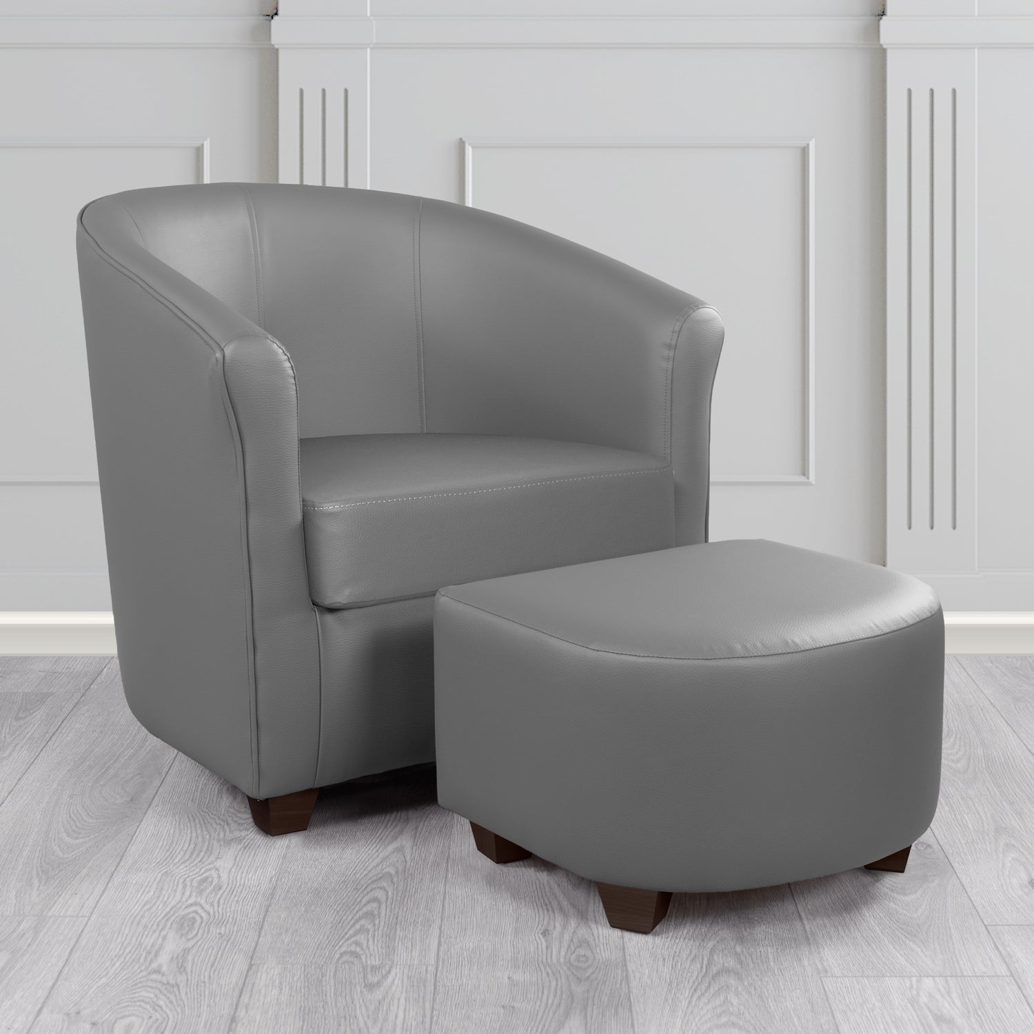 Cannes Tub Chair with Footstool Set in Just Colour Greyfriar Crib 5 Faux Leather - The Tub Chair Shop