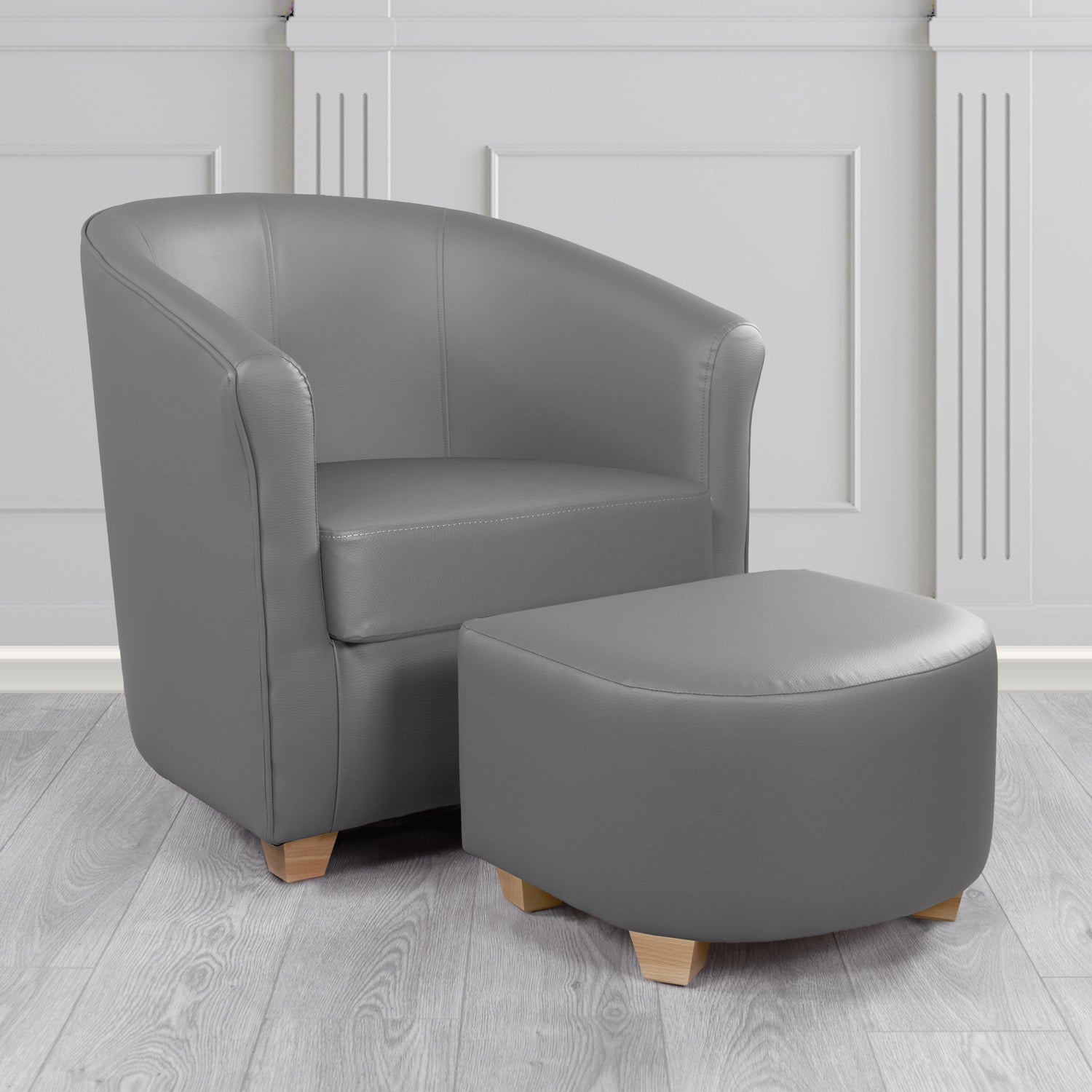 Cannes Tub Chair with Footstool Set in Just Colour Greyfriar Crib 5 Faux Leather - The Tub Chair Shop