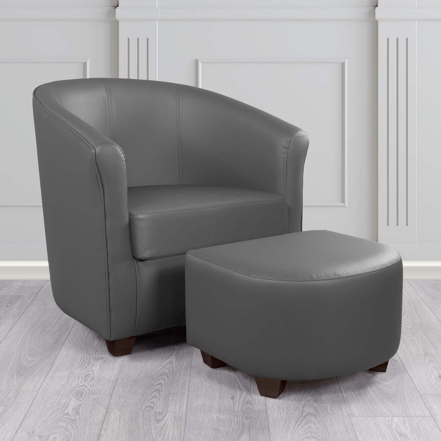 Cannes Tub Chair with Footstool Set in Just Colour Gunmetal Grey Crib 5 Faux Leather - The Tub Chair Shop