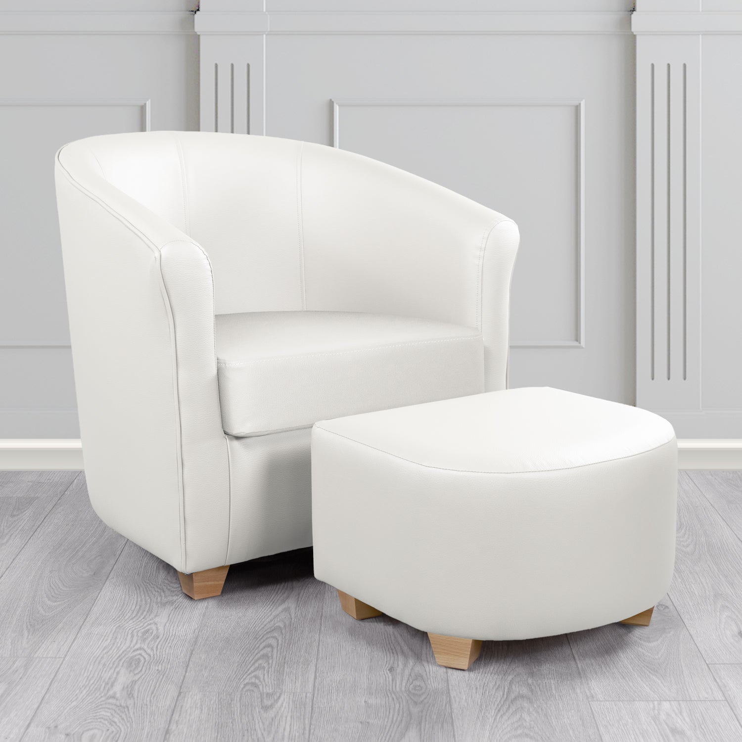 Cannes Tub Chair with Footstool Set in Just Colour Jasmine White Crib 5 Faux Leather - The Tub Chair Shop